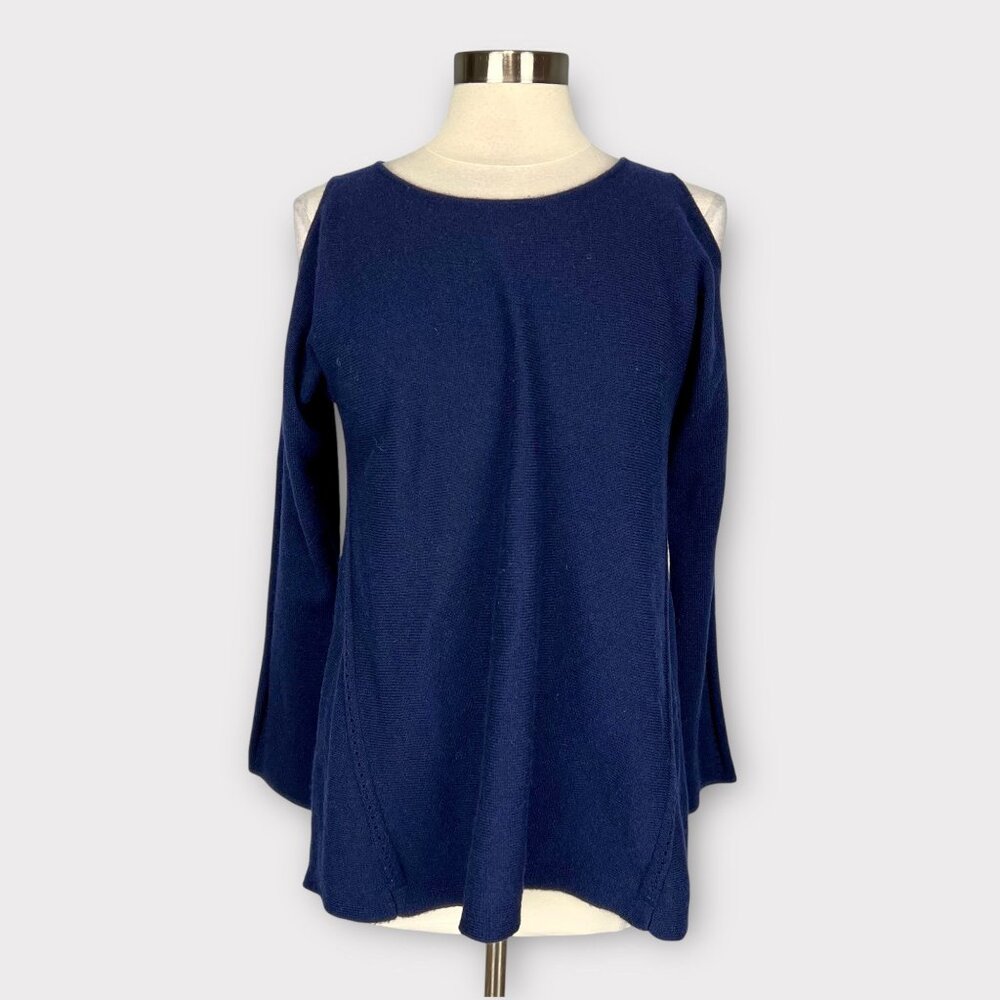 Margaret O’Leary Womens Blue Cashmere Sweater Cold Shoulder Cutout size Medium